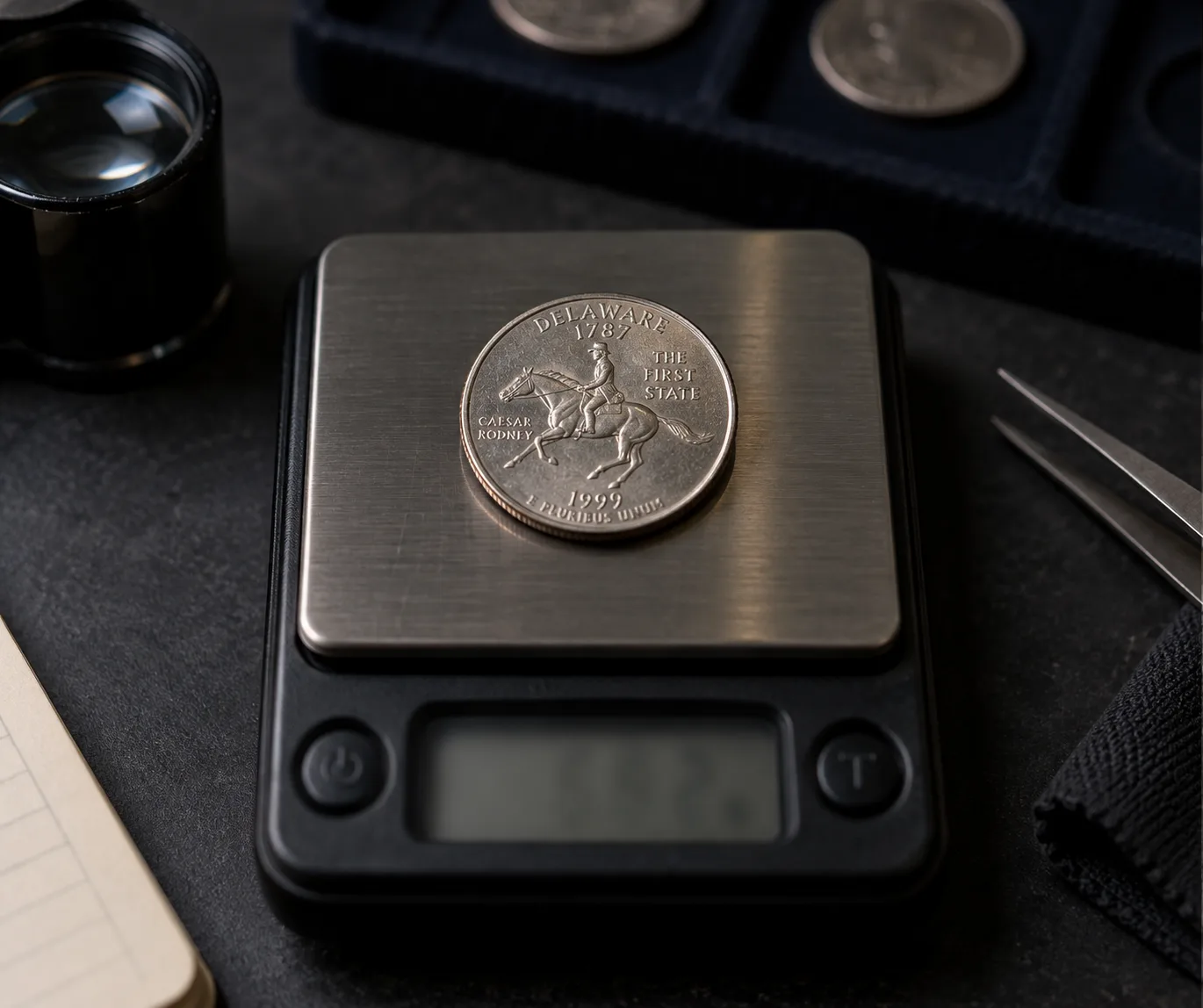 1999 Delaware Quarter on a precision scale for weight screening