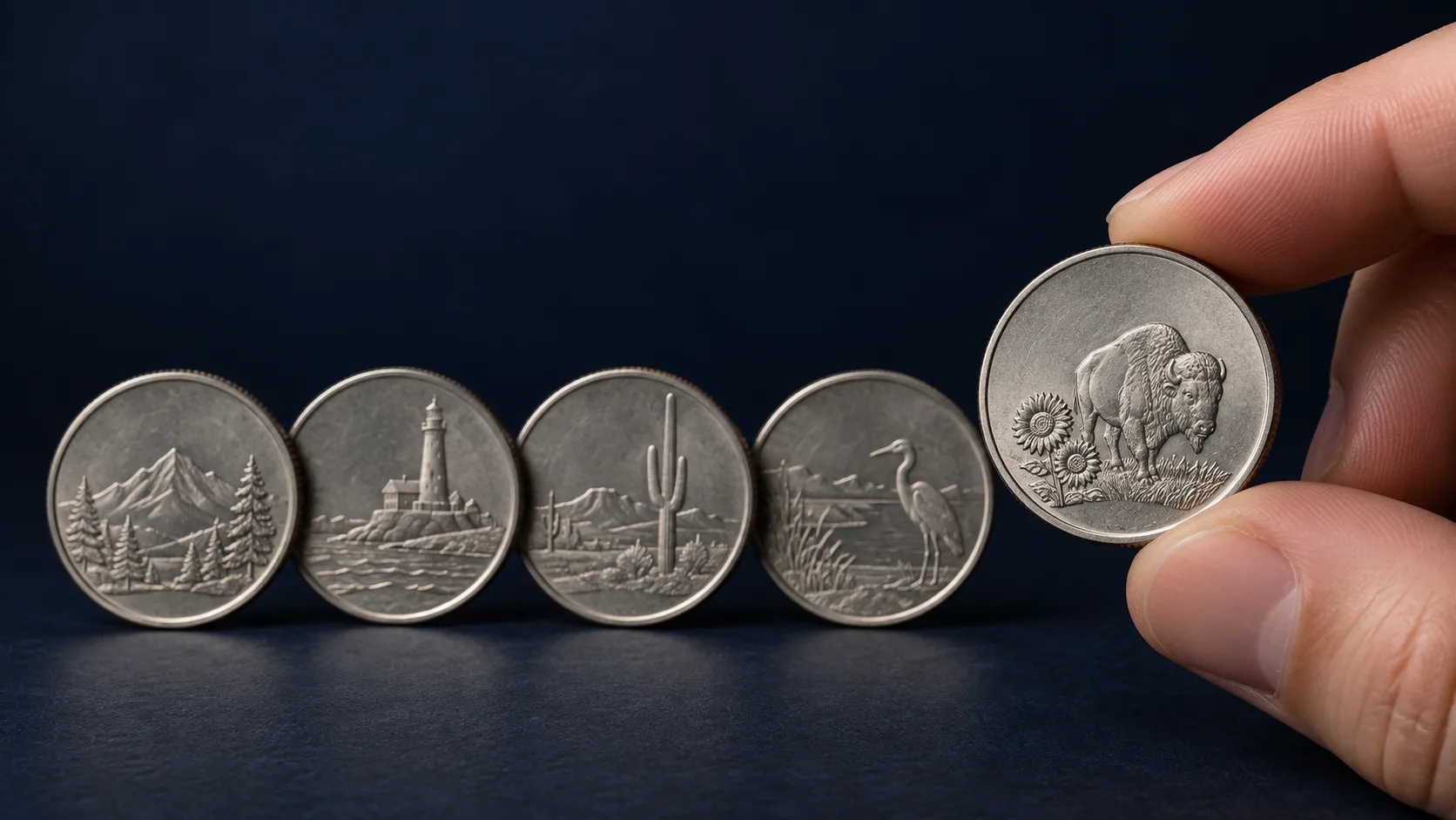 2005 Kansas Quarter held beside other State Quarters for scale