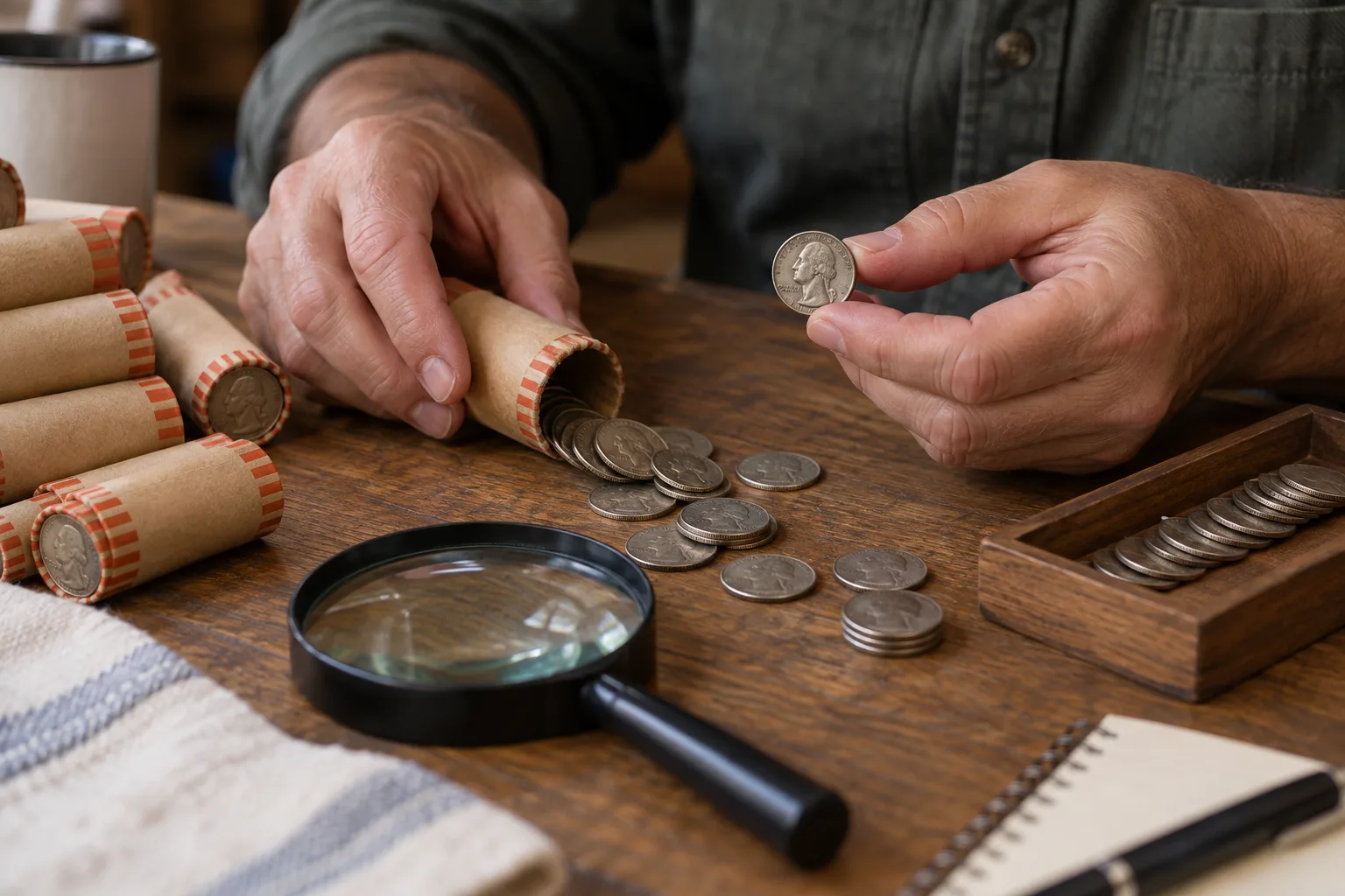 Collector sorting quarter rolls with a magnifying glass