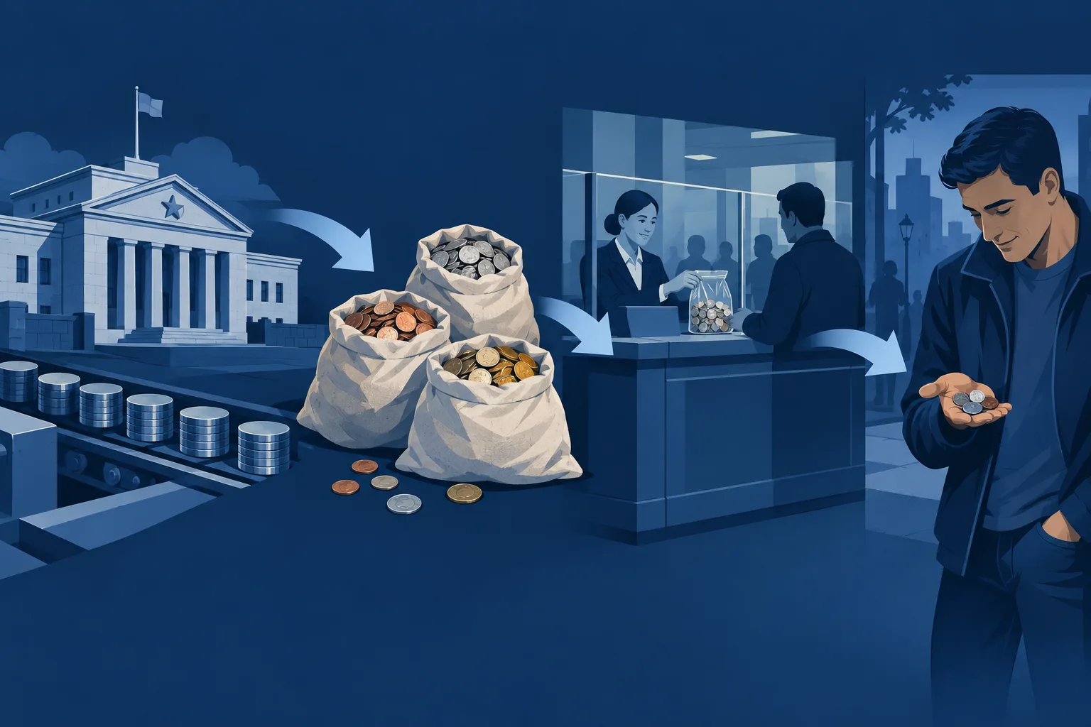 Editorial flow from West Point production through banks to pocket change