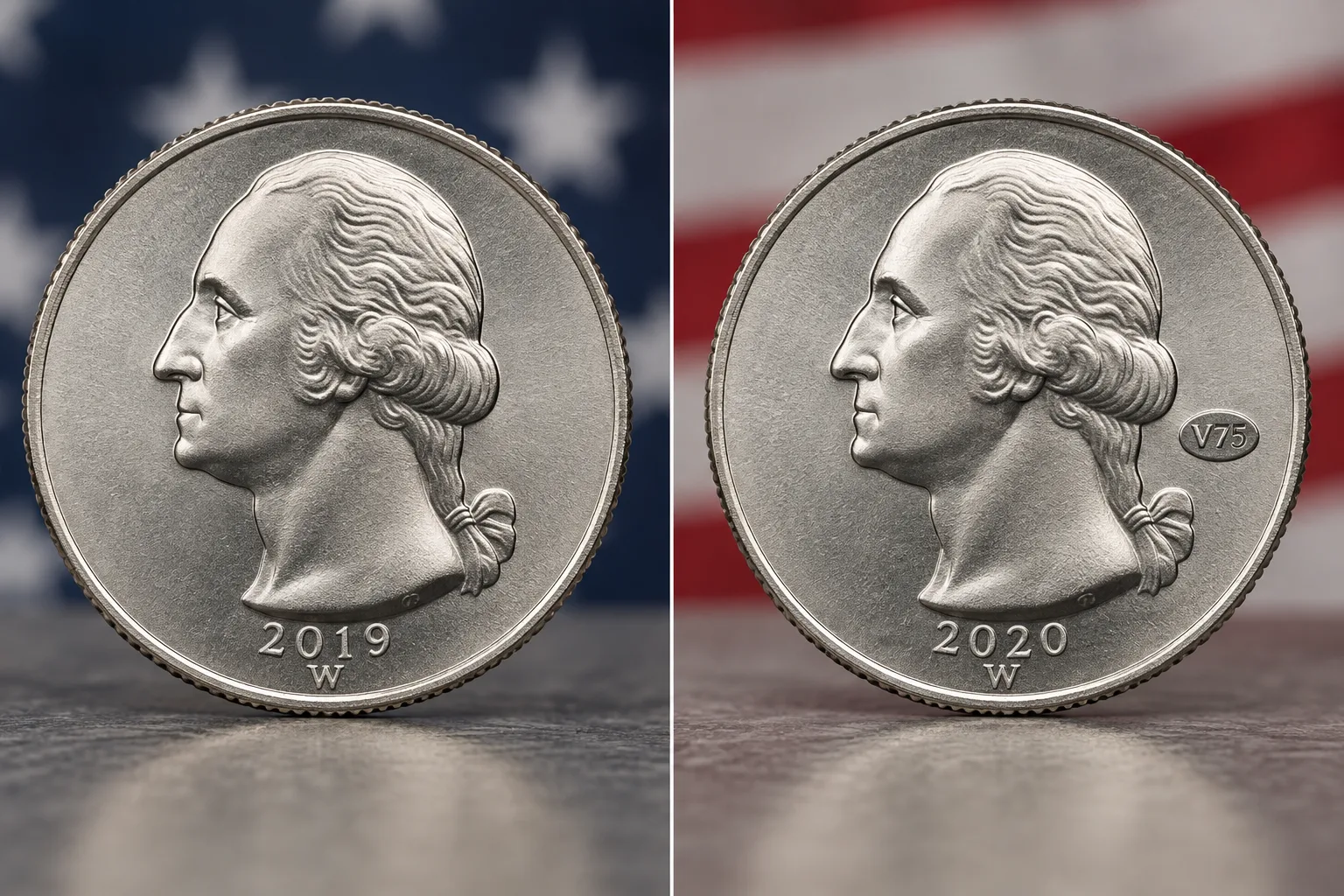 Editorial comparison of a 2019 W quarter and 2020 W V75 quarter