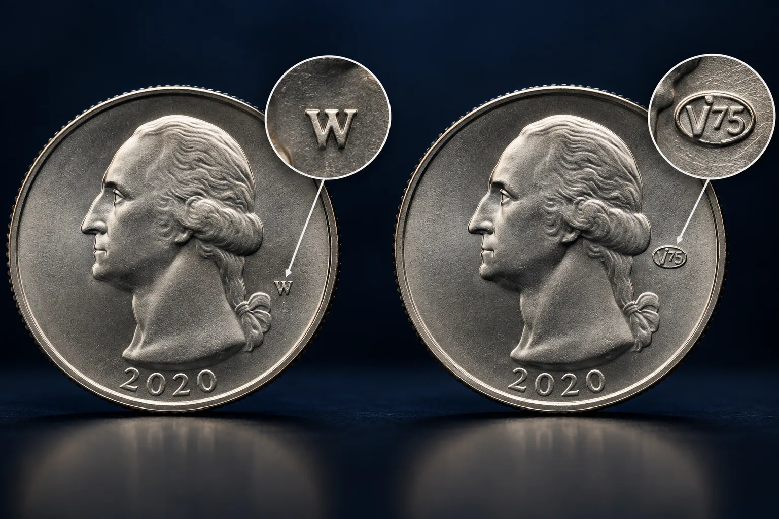 Comparison of the W mint mark and V75 privy mark on separate quarter specimens