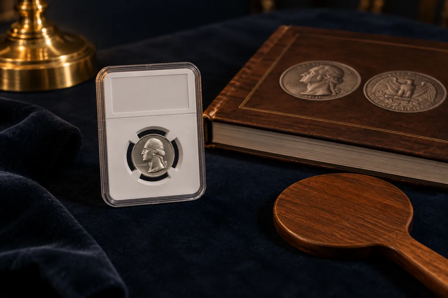Editorial certified quarter slab beside an auction catalog