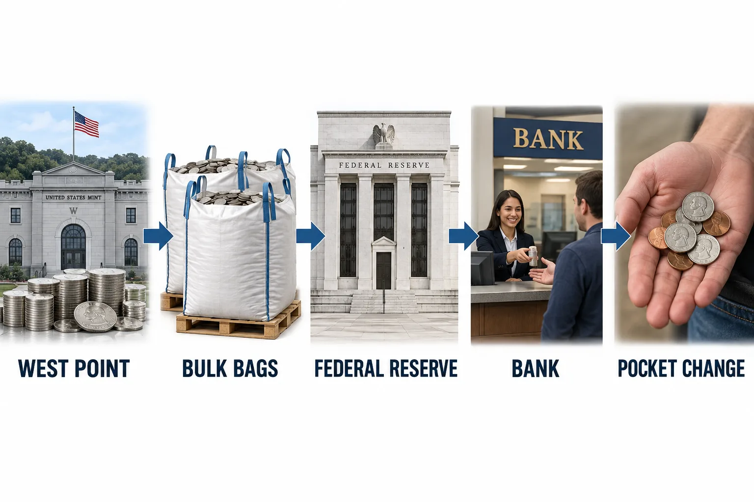 Educational flow from West Point to bulk bags Federal Reserve banks and pocket change
