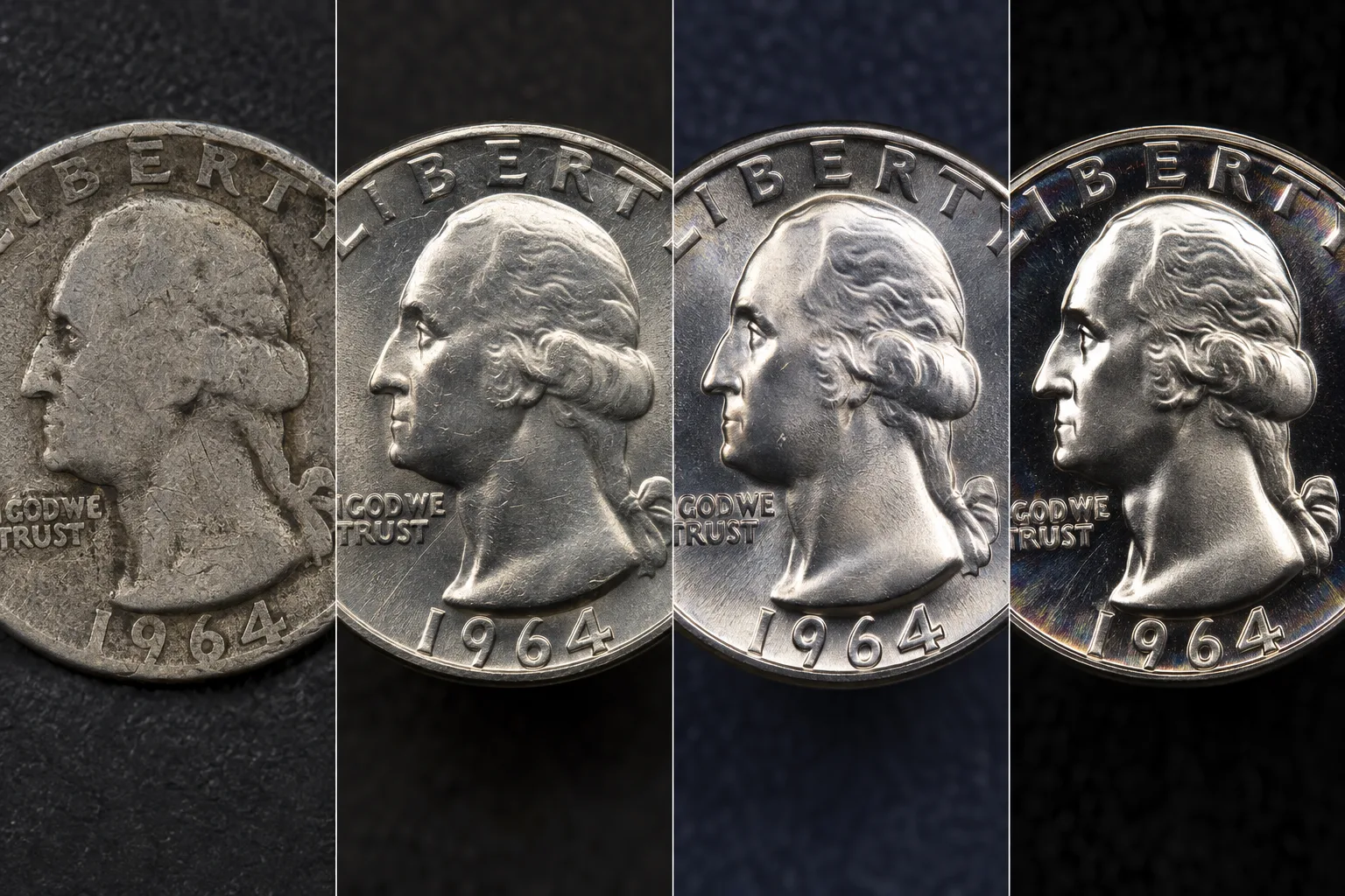 Editorial surface comparison from circulated to MS67 plus quarter condition
