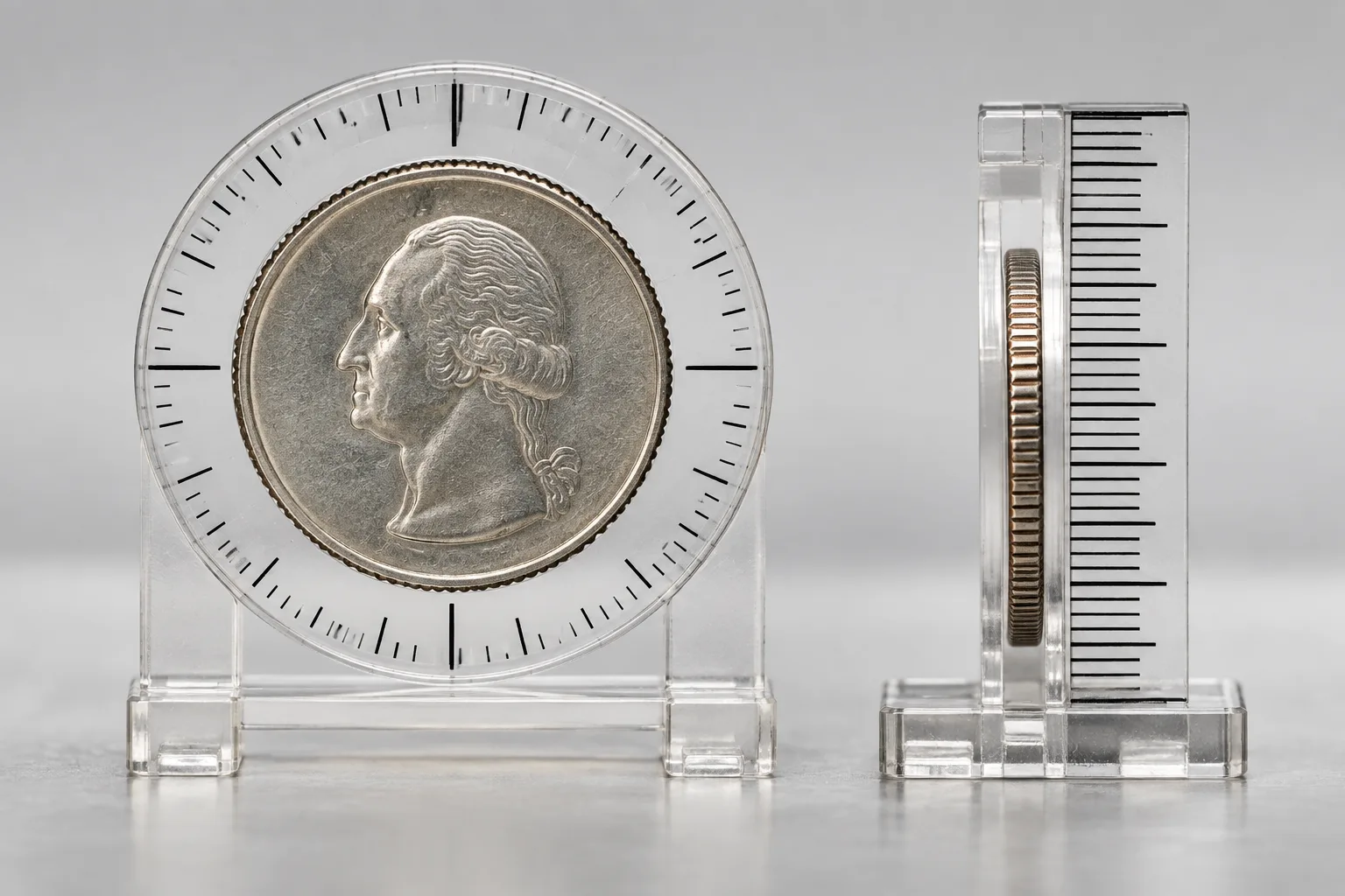 Editorial measurement setup showing quarter diameter and reeded edge