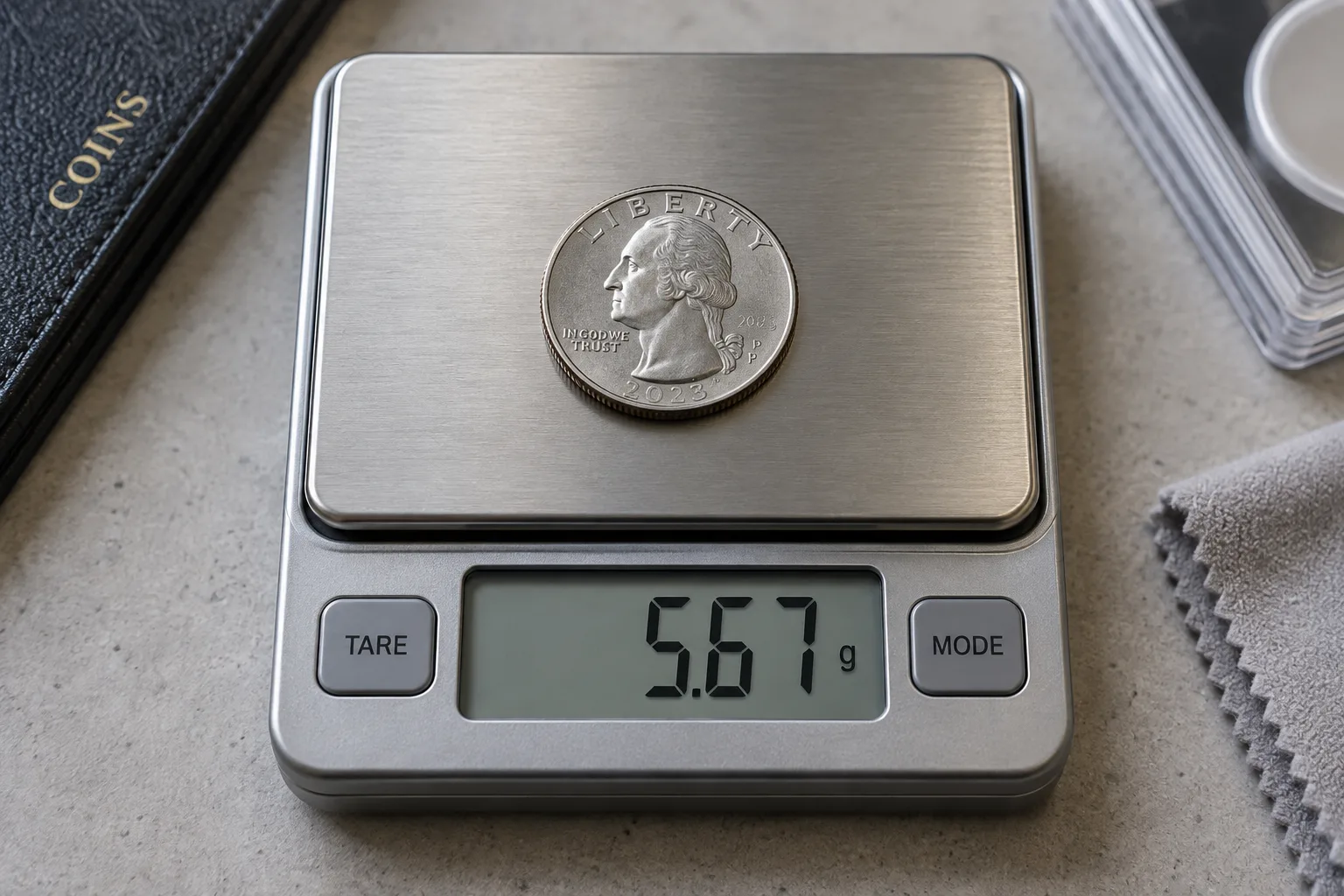 2020 W quarter on a precision scale showing the regular weight specification