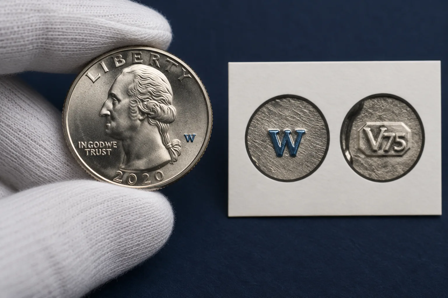 2020 W V75 quarter shown in a hand for real-life scale