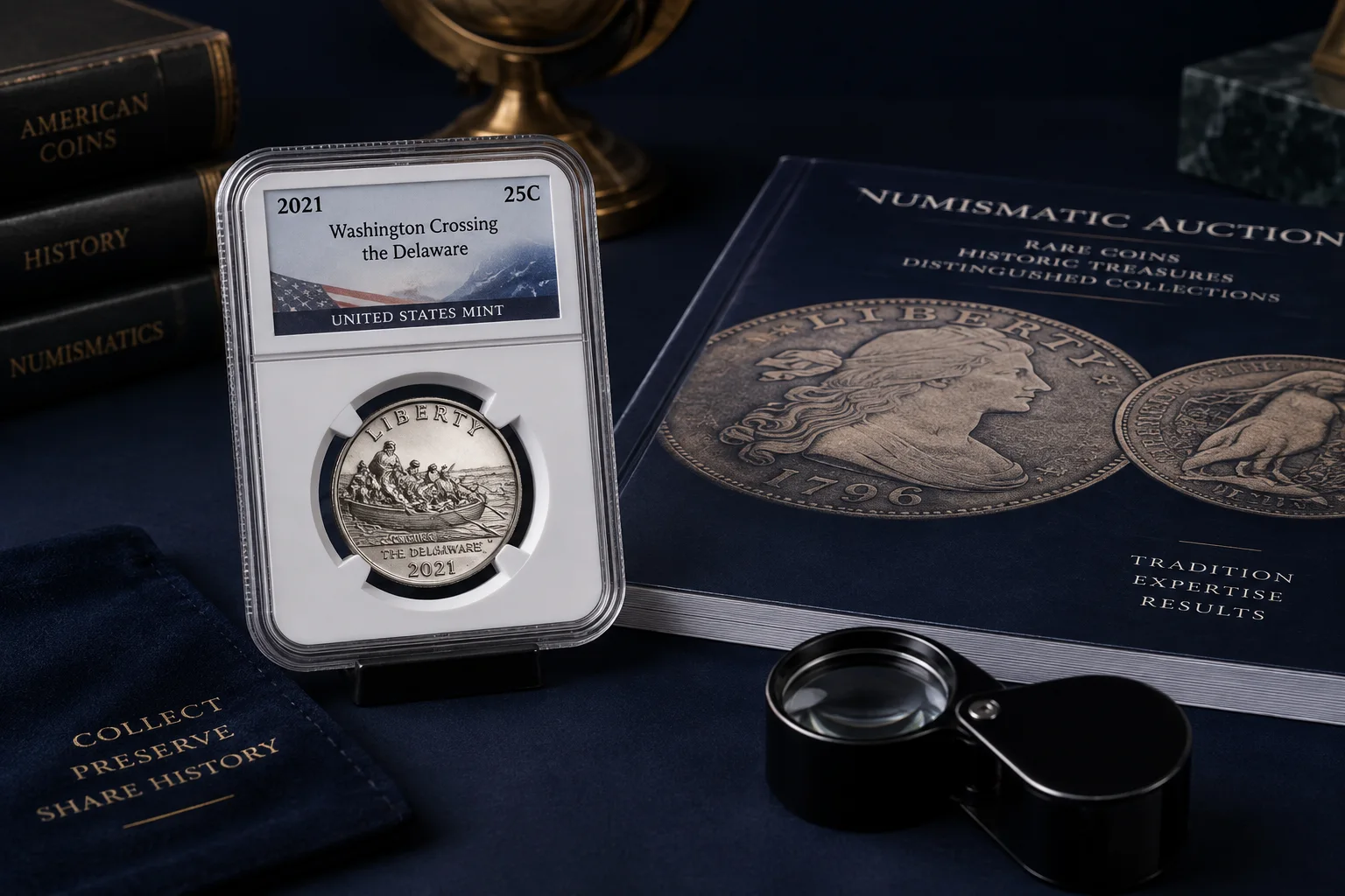 Editorial certified 2021 Crossing the Delaware quarter slab beside an auction catalog