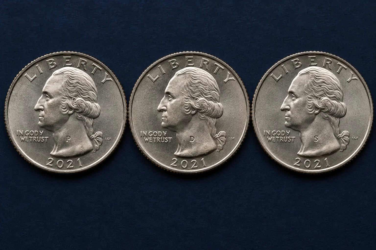 Editorial macro comparison of P D and S mint mark positions on 2021 quarters