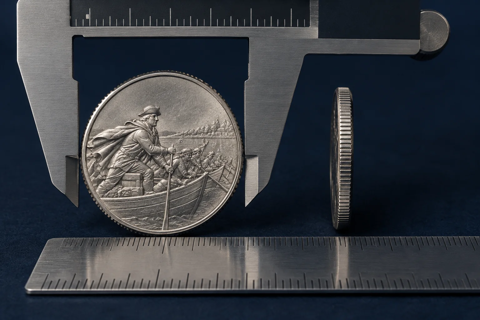 Editorial measurement setup for 2021 Crossing the Delaware quarter diameter and reeded edge