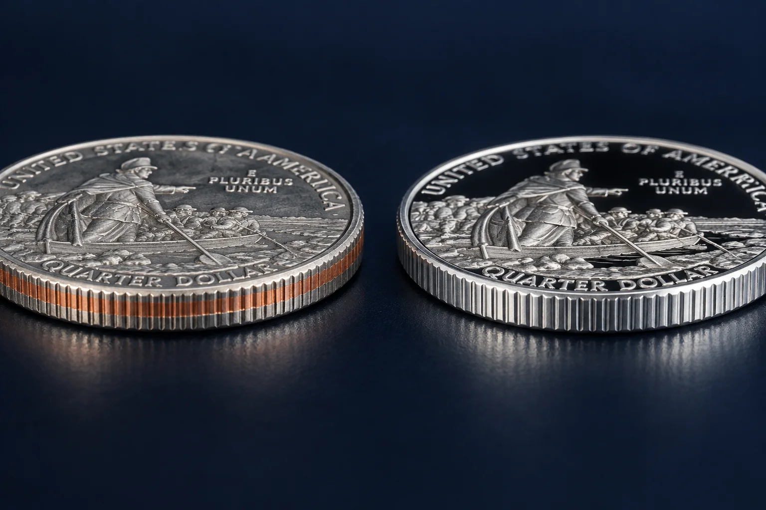 Editorial edge comparison of a clad and silver 2021 quarter