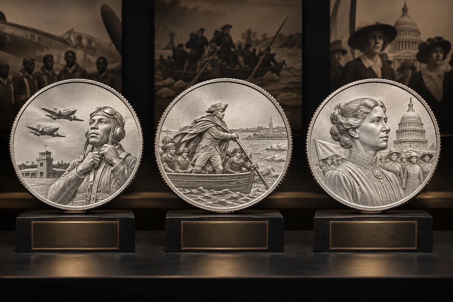 Editorial transition display from America the Beautiful to Crossing the Delaware to American Women Quarters