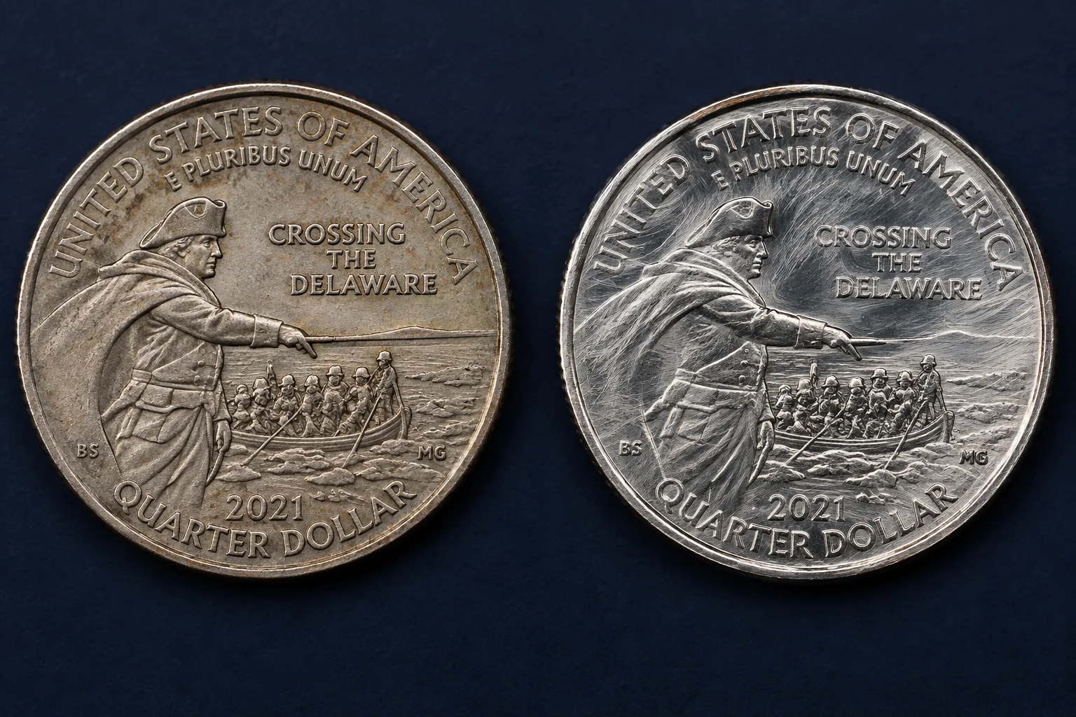 Editorial comparison of an original uncleaned and polished damaged 2021 quarter