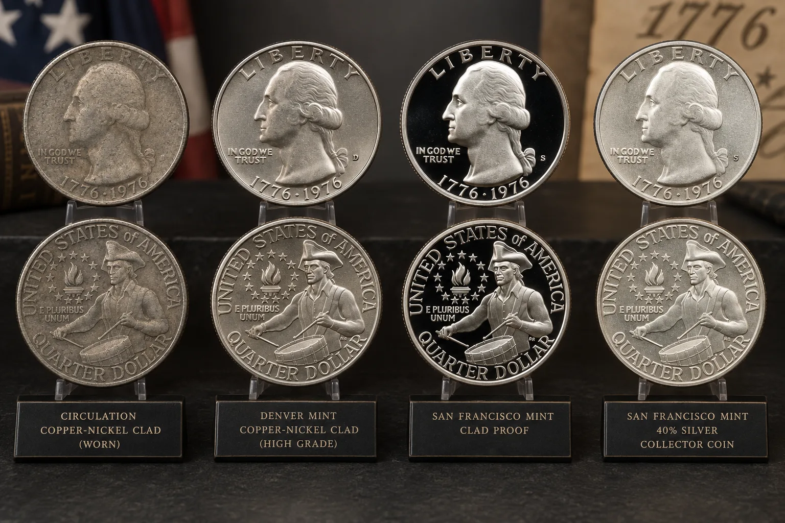 Bicentennial Quarter clad proof and silver value comparison visual