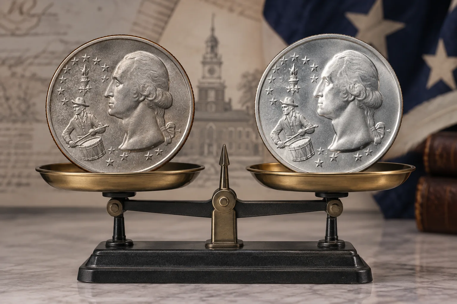 Bicentennial Quarter clad and 40 percent silver weight comparison
