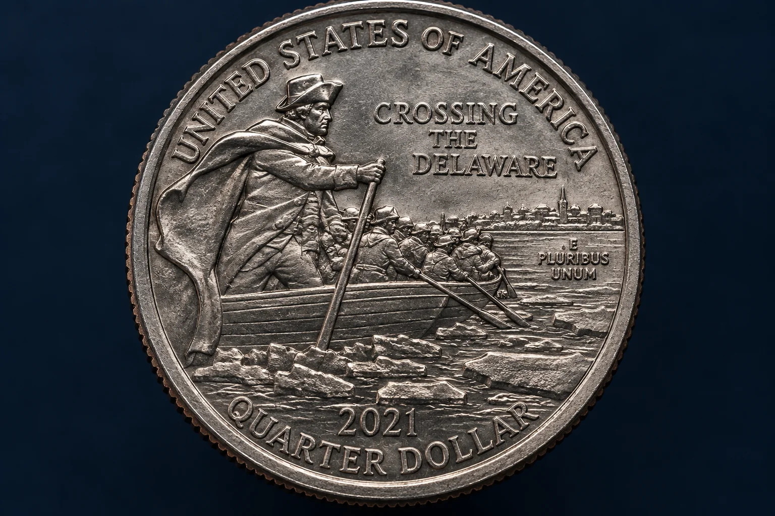 Editorial macro of Washington, boat, ice and Delaware River details on the 2021 quarter