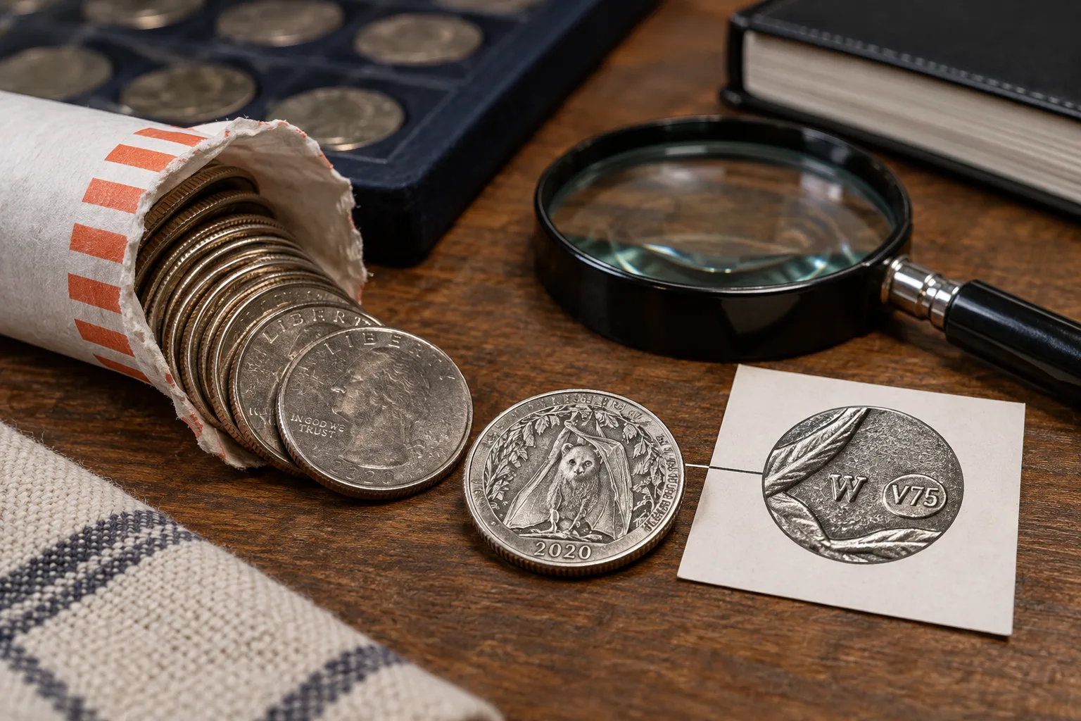 Collector searching quarter rolls for a 2020 W V75 quarter