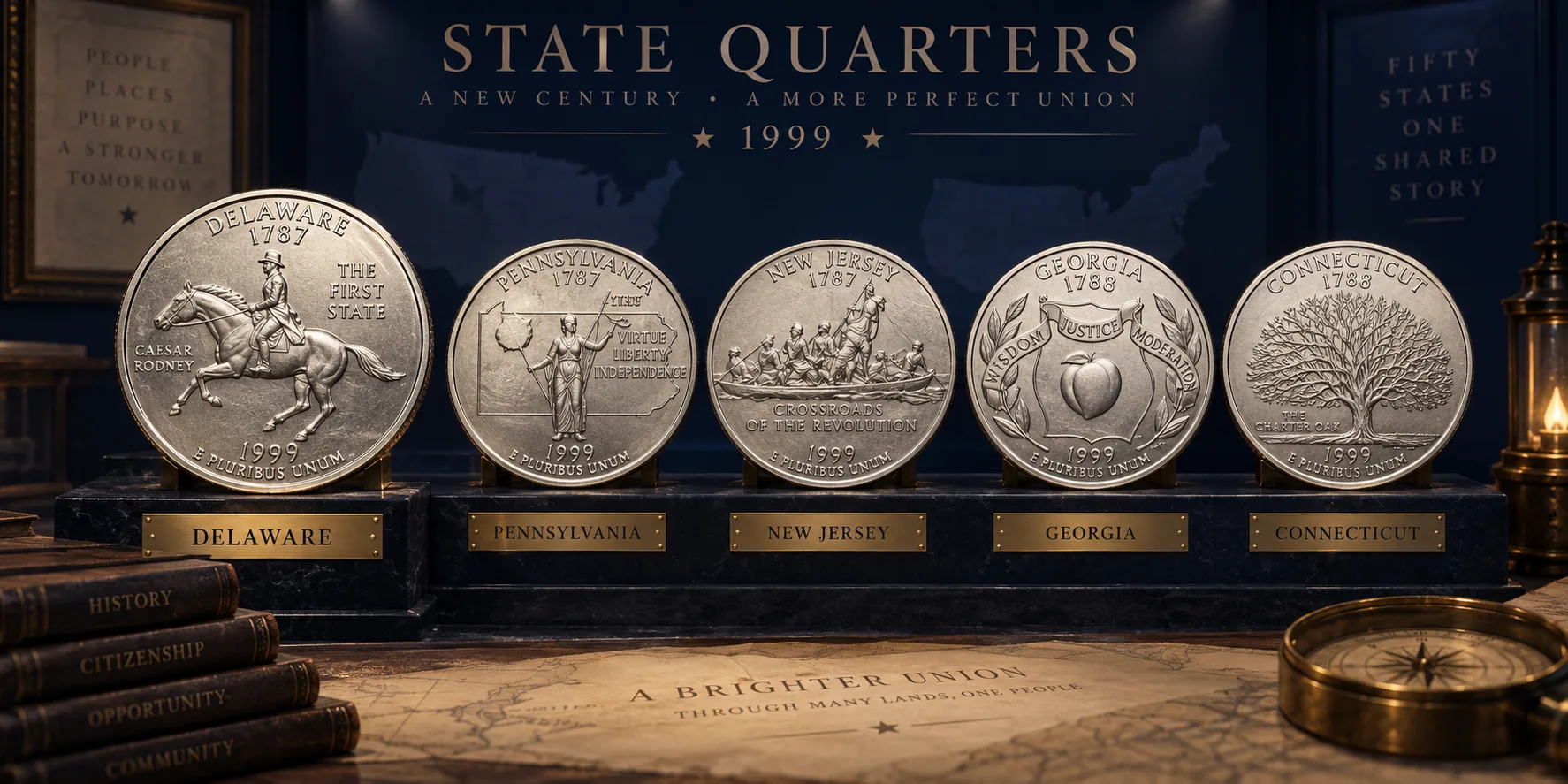 The five 1999 State Quarters including Delaware Pennsylvania New Jersey Georgia and Connecticut