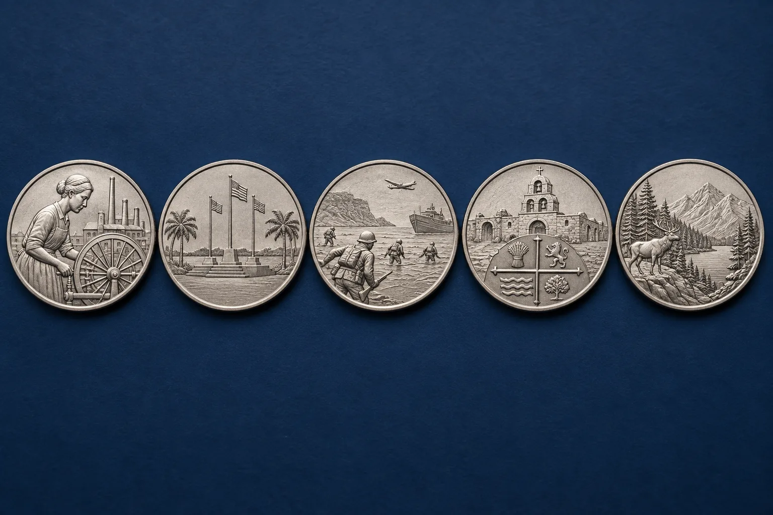Editorial lineup representing the five 2019 W quarter reverse designs