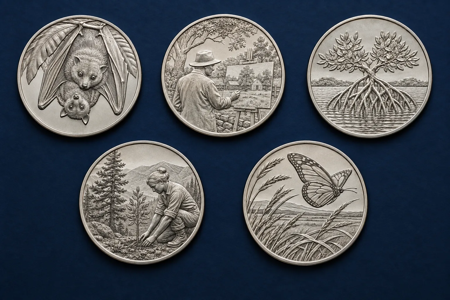Five 2020 W V75 quarter reverse designs shown together