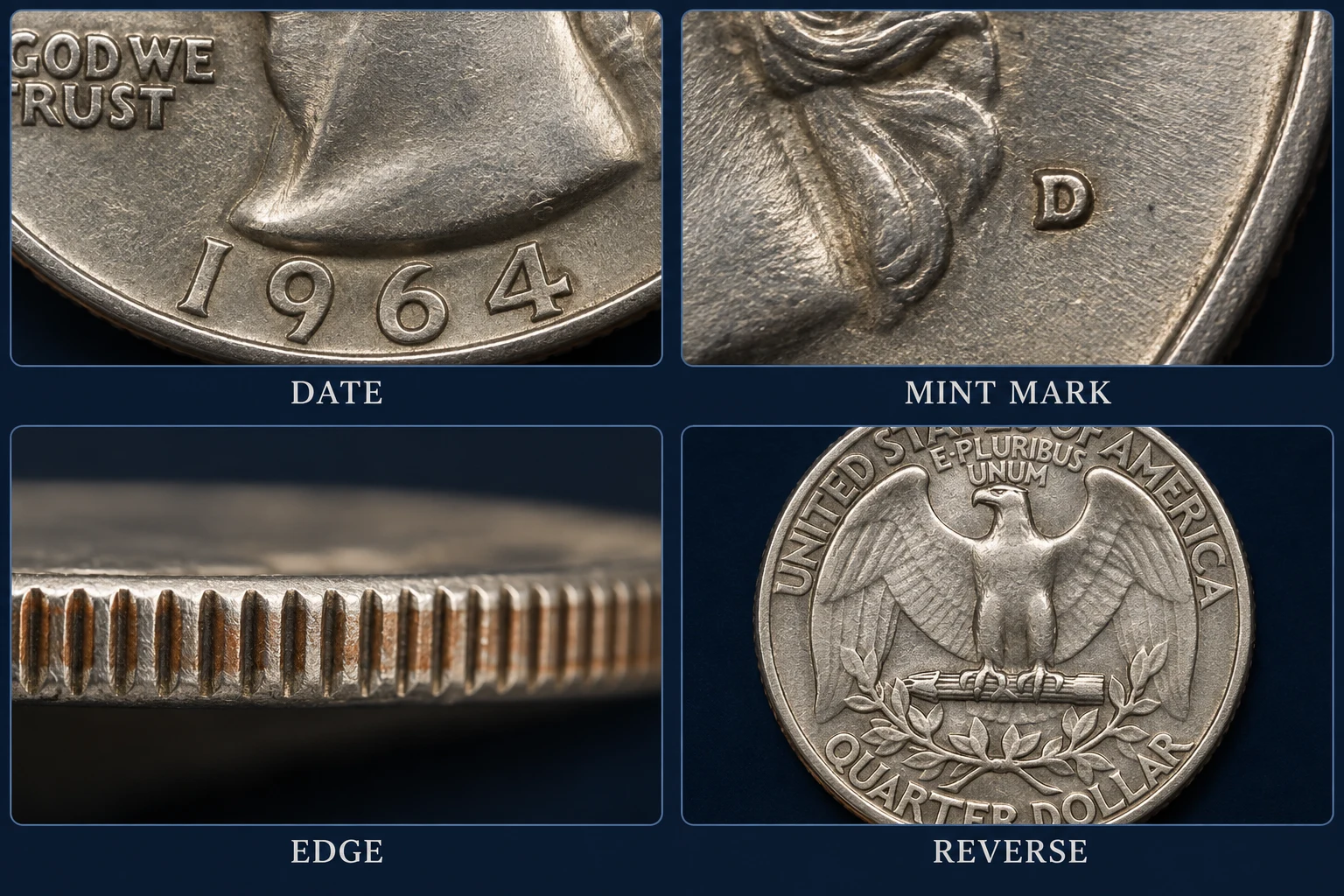 how to identify a 1964 quarter by date mint mark edge and reverse