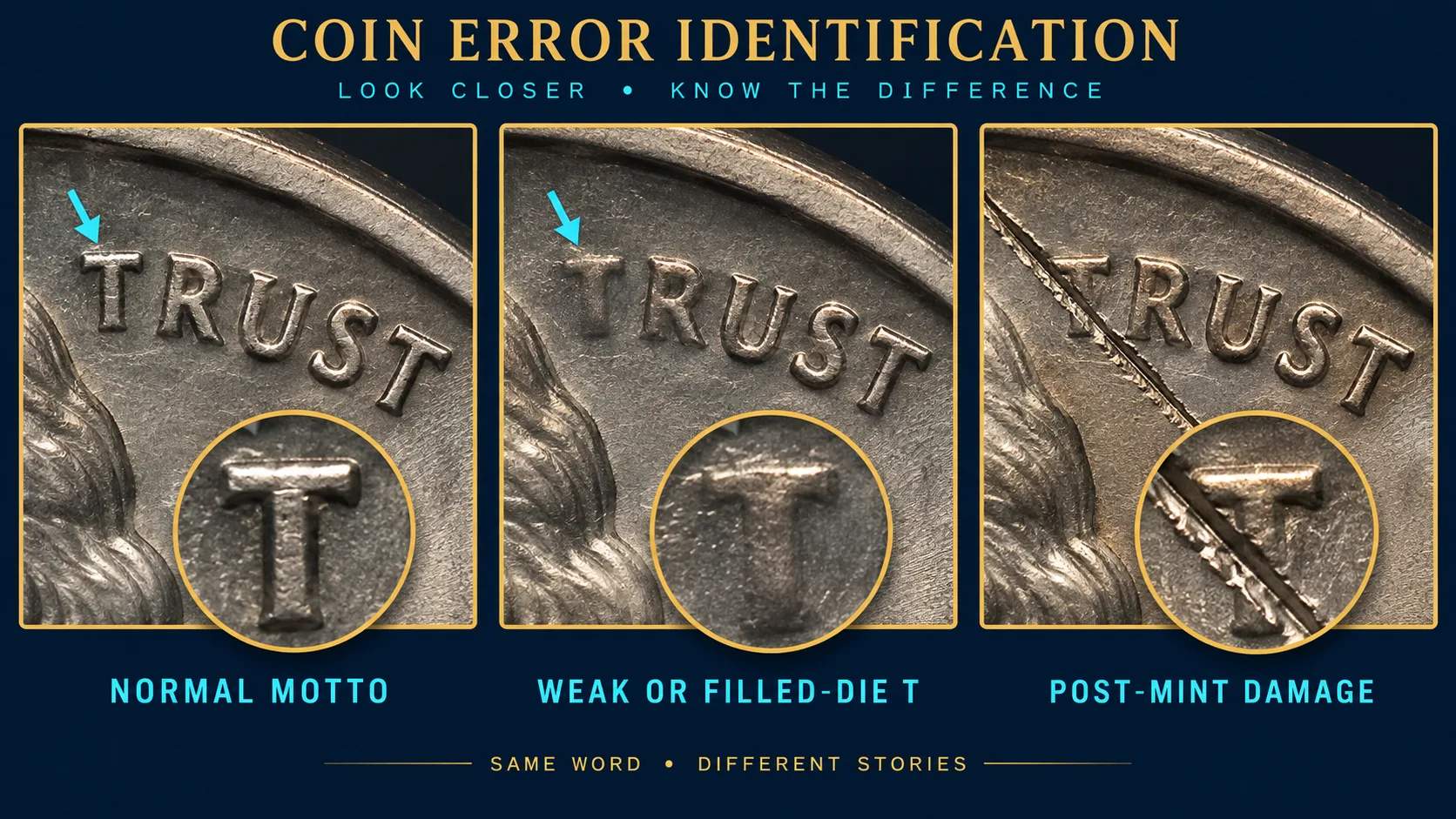 Educational normal motto weak T and post-mint damage comparison