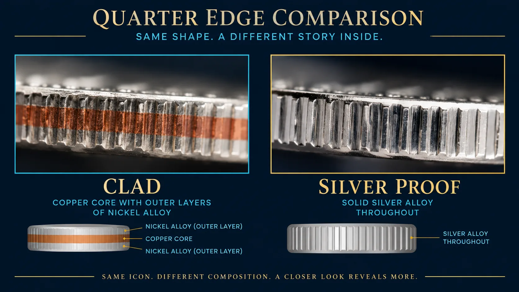 Editorial clad and silver proof quarter edge comparison