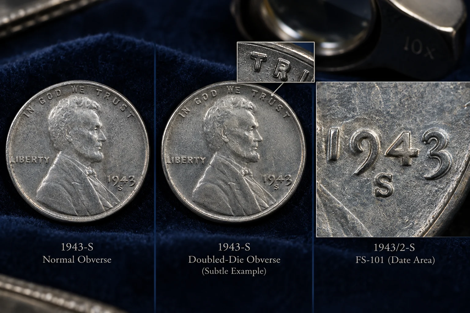1943-S doubled die and FS-101 comparison