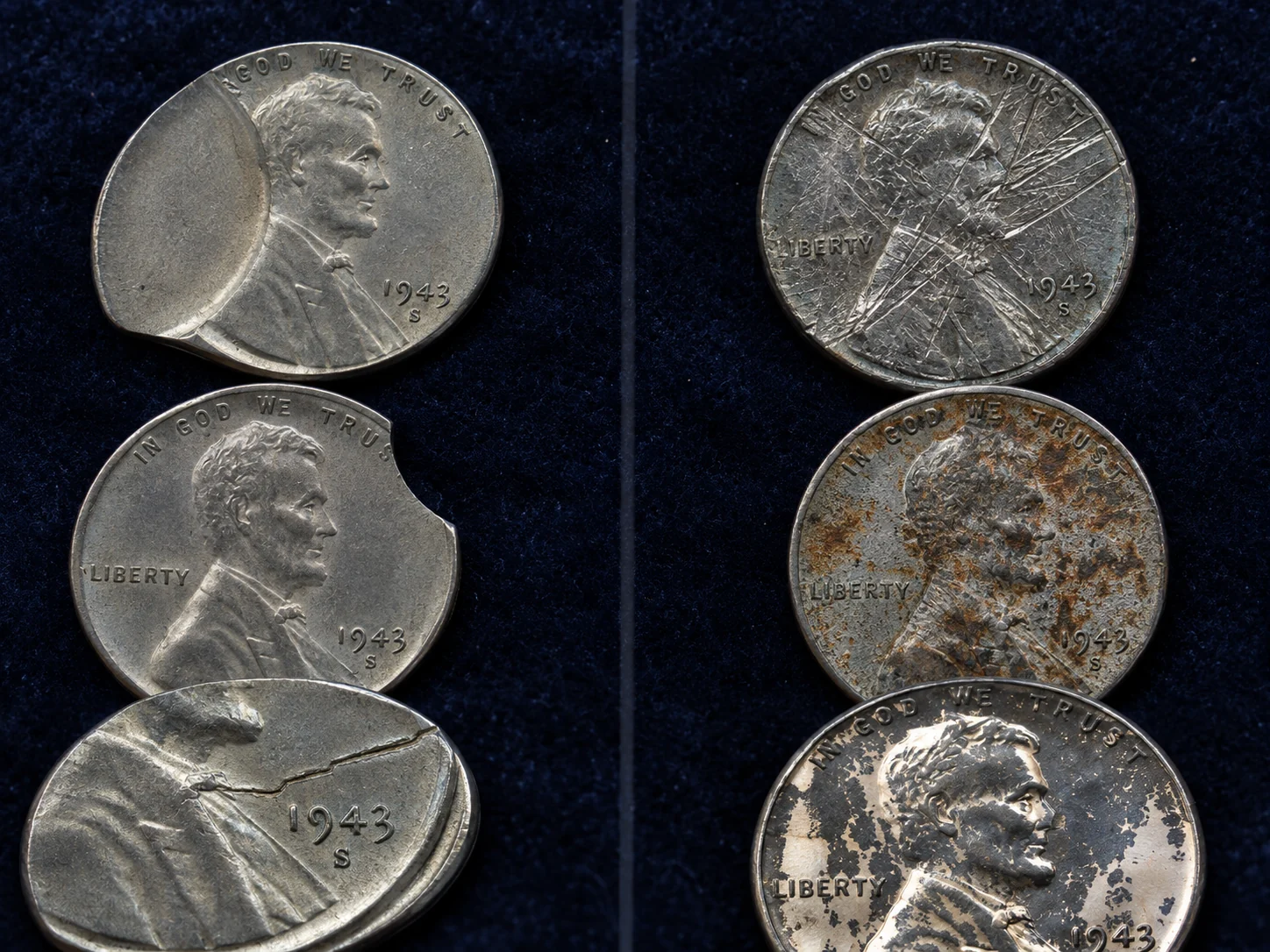 Mint error compared with post-mint damage on a 1943-S cent