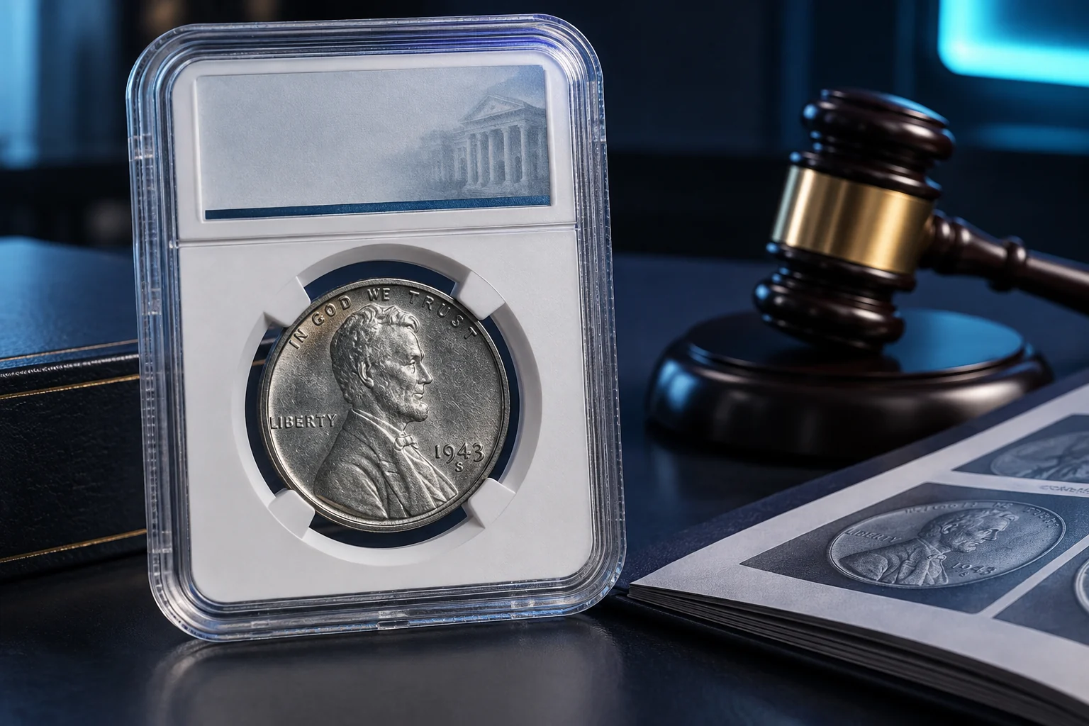 Certified 1943-S Steel Penny beside auction records