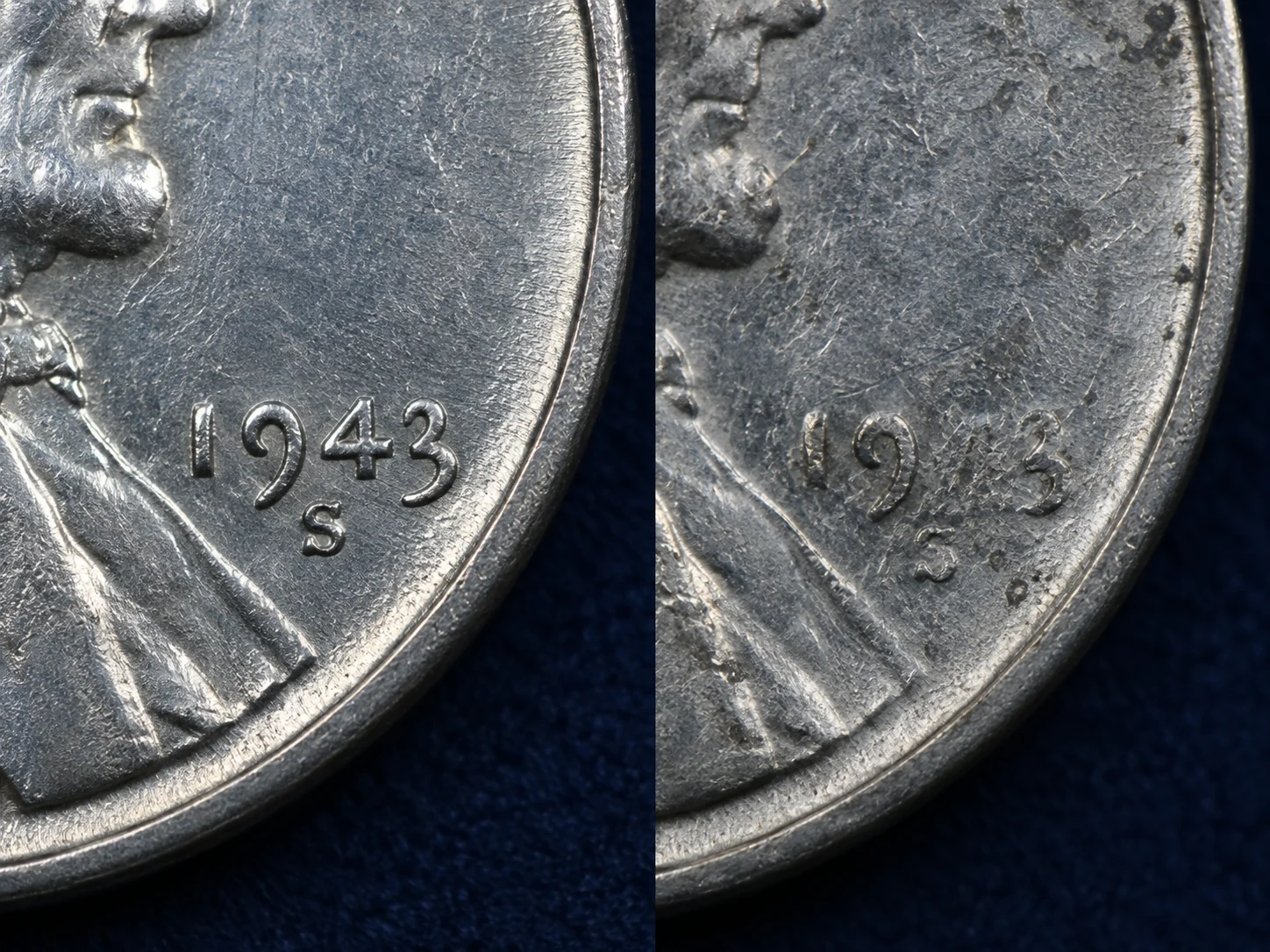 Normal date compared with a weak or obscured 4 on a 1943-S cent