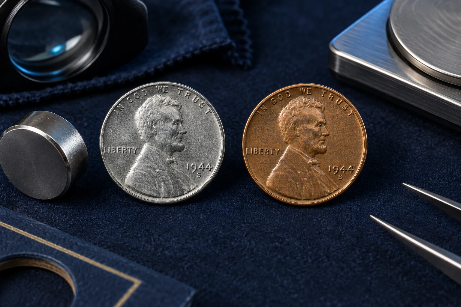1944-S steel off-metal cent compared with a bronze Wheat Penny