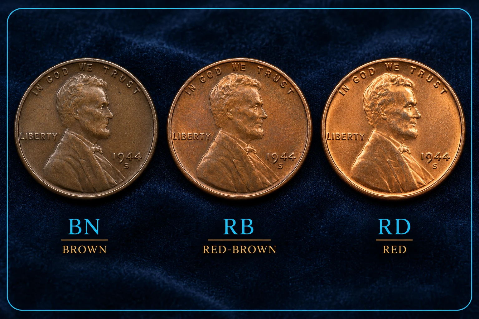 1944-S Wheat Penny BN RB and RD comparison