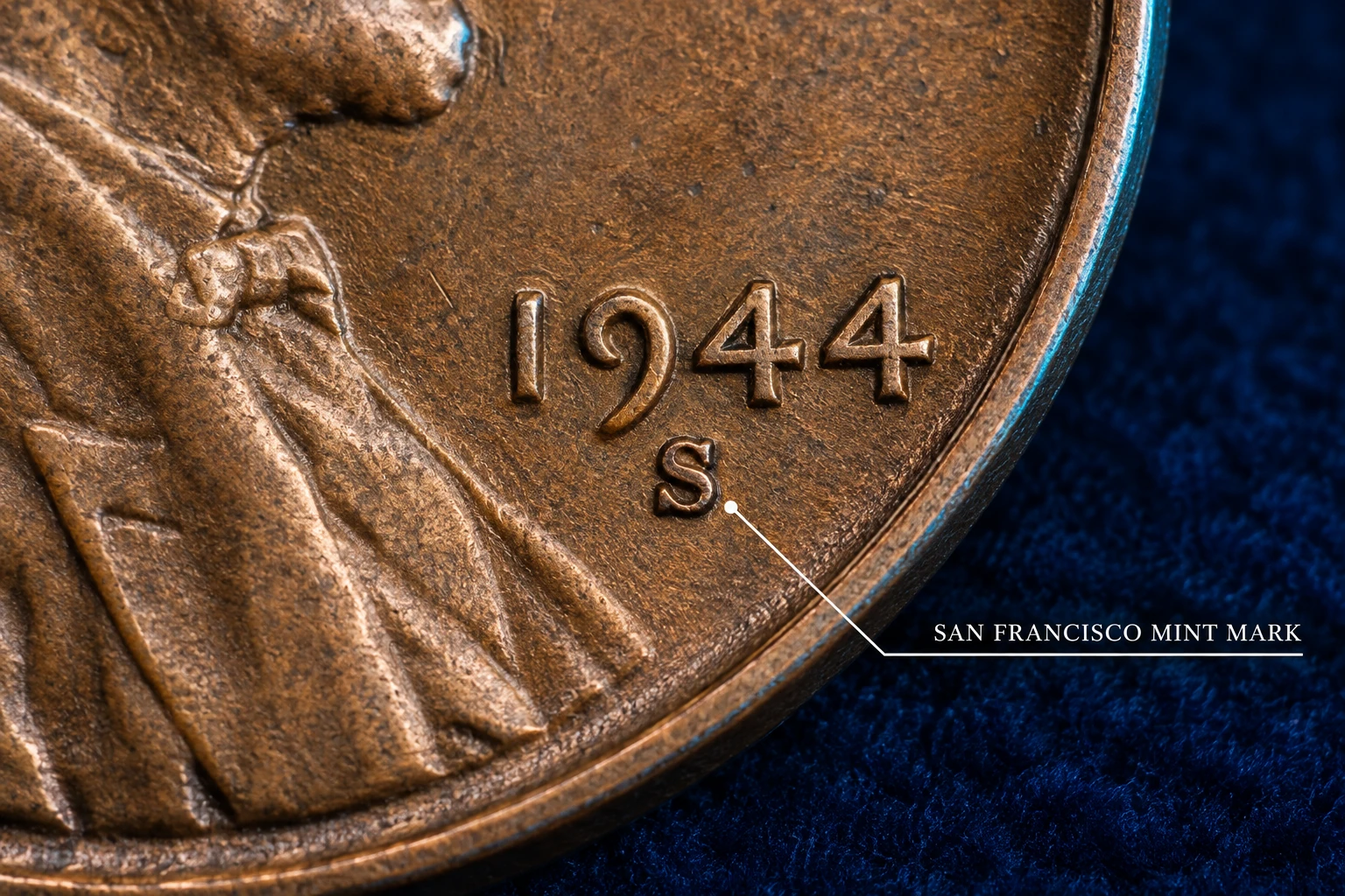 S mint mark below the date on a 1944 Wheat Penny