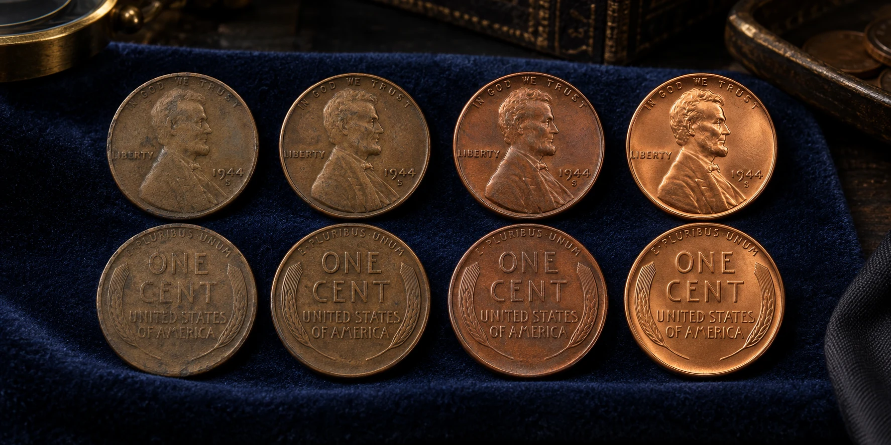 1944-S Wheat Penny grades from circulated to mint state