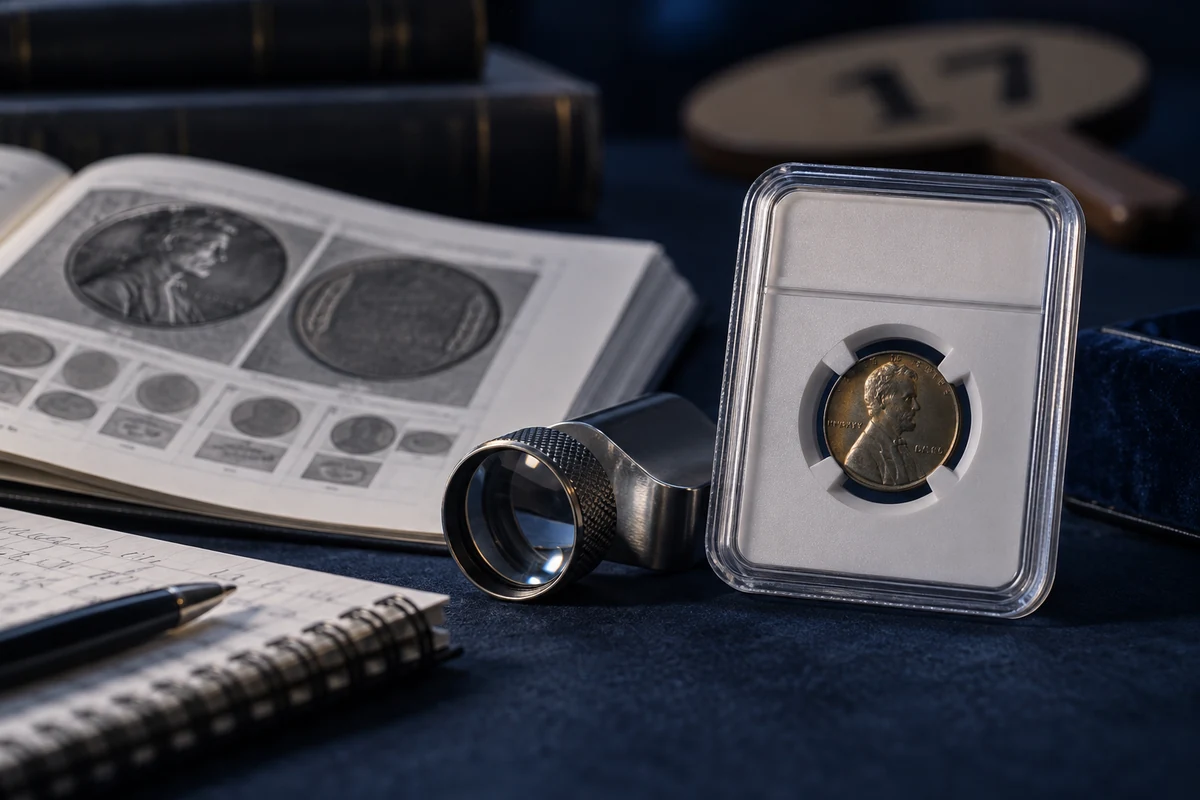 1944 Steel Penny auction research with a certified coin and catalog notes