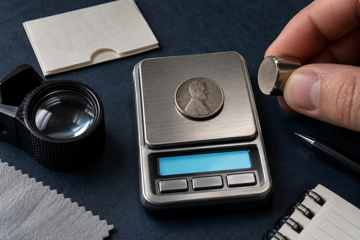 1944 Steel Penny authentication workspace with a magnet, loupe and precision scale
