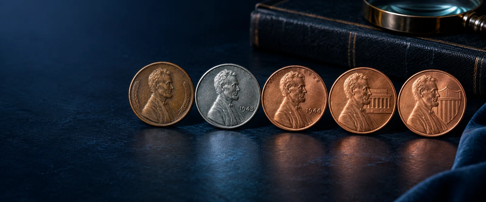 Lincoln cents arranged from earlier to modern designs