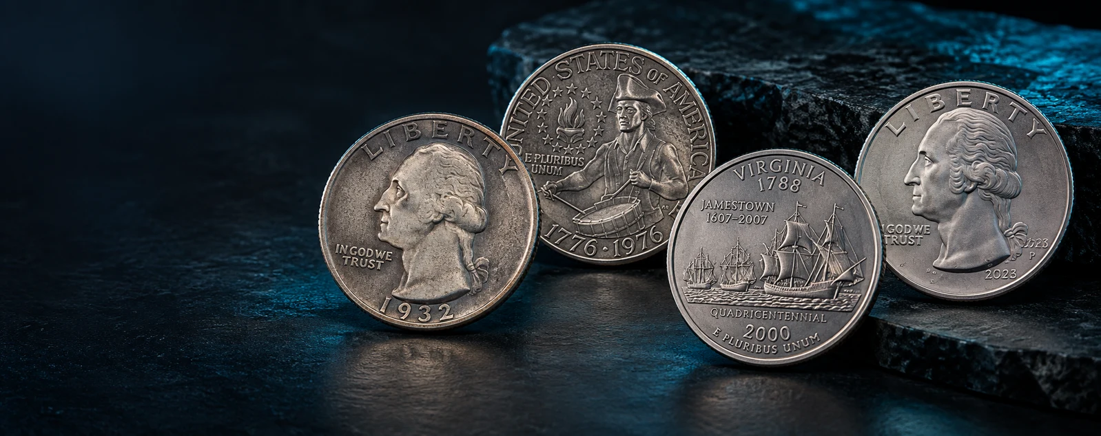 U.S. quarters arranged from Washington, Bicentennial and modern designs