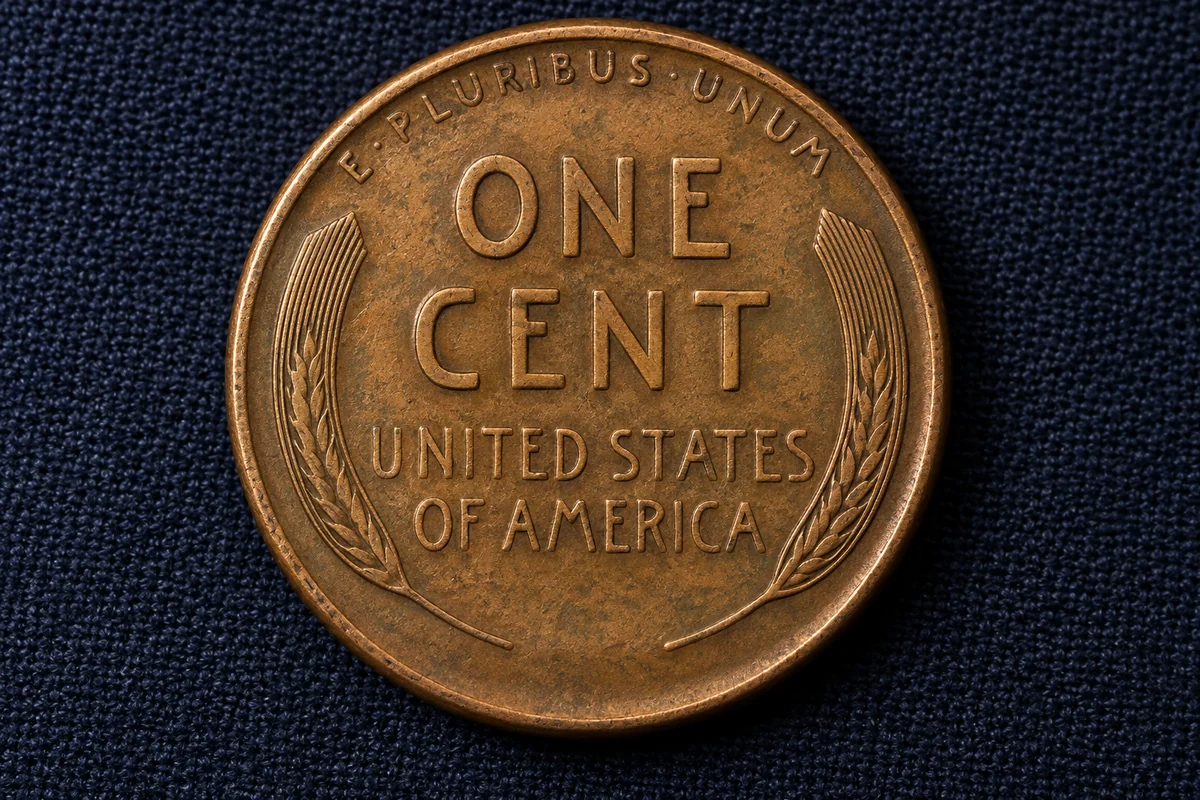 Reverse of a 1944 Wheat Penny showing two wheat ears