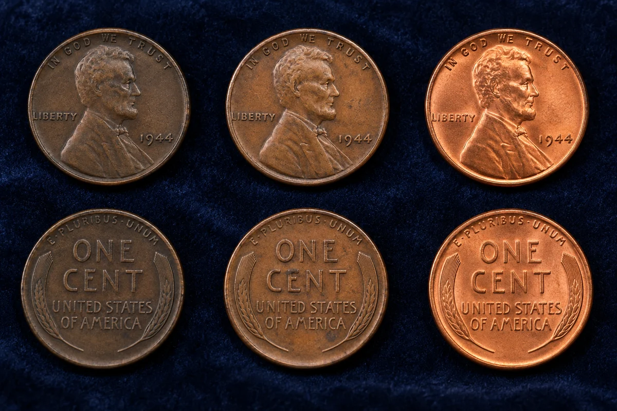 1944 Wheat Penny BN RB and RD color comparison