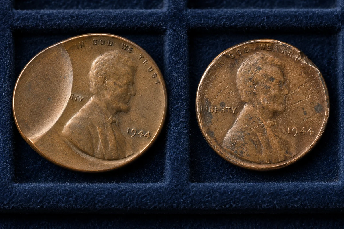 1944 Wheat Penny mint error compared with post-mint damage