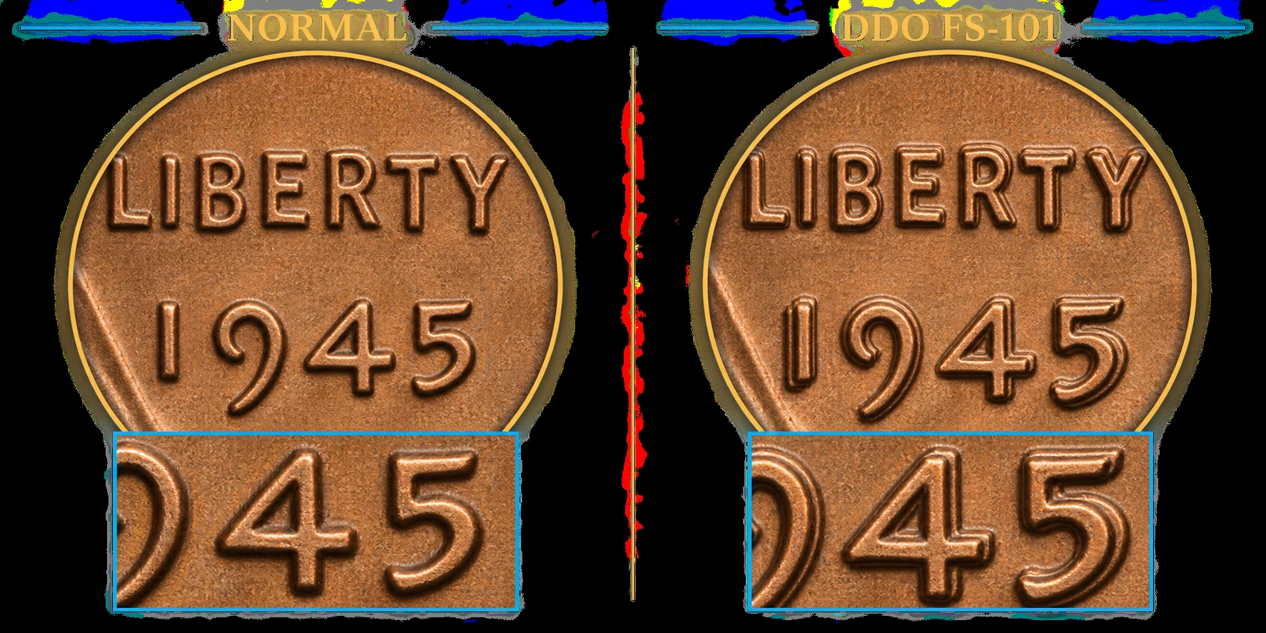 Educational illustration comparing a normal 1945 cent with DDO FS-101