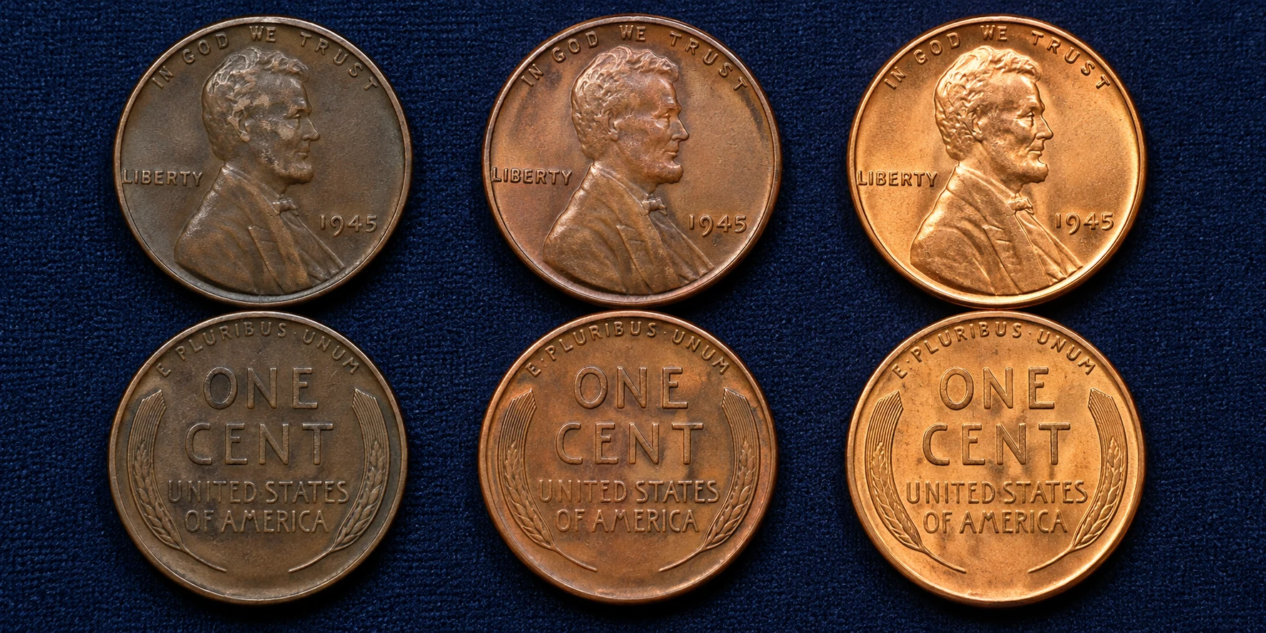 1945 Wheat Penny BN RB and RD color comparison