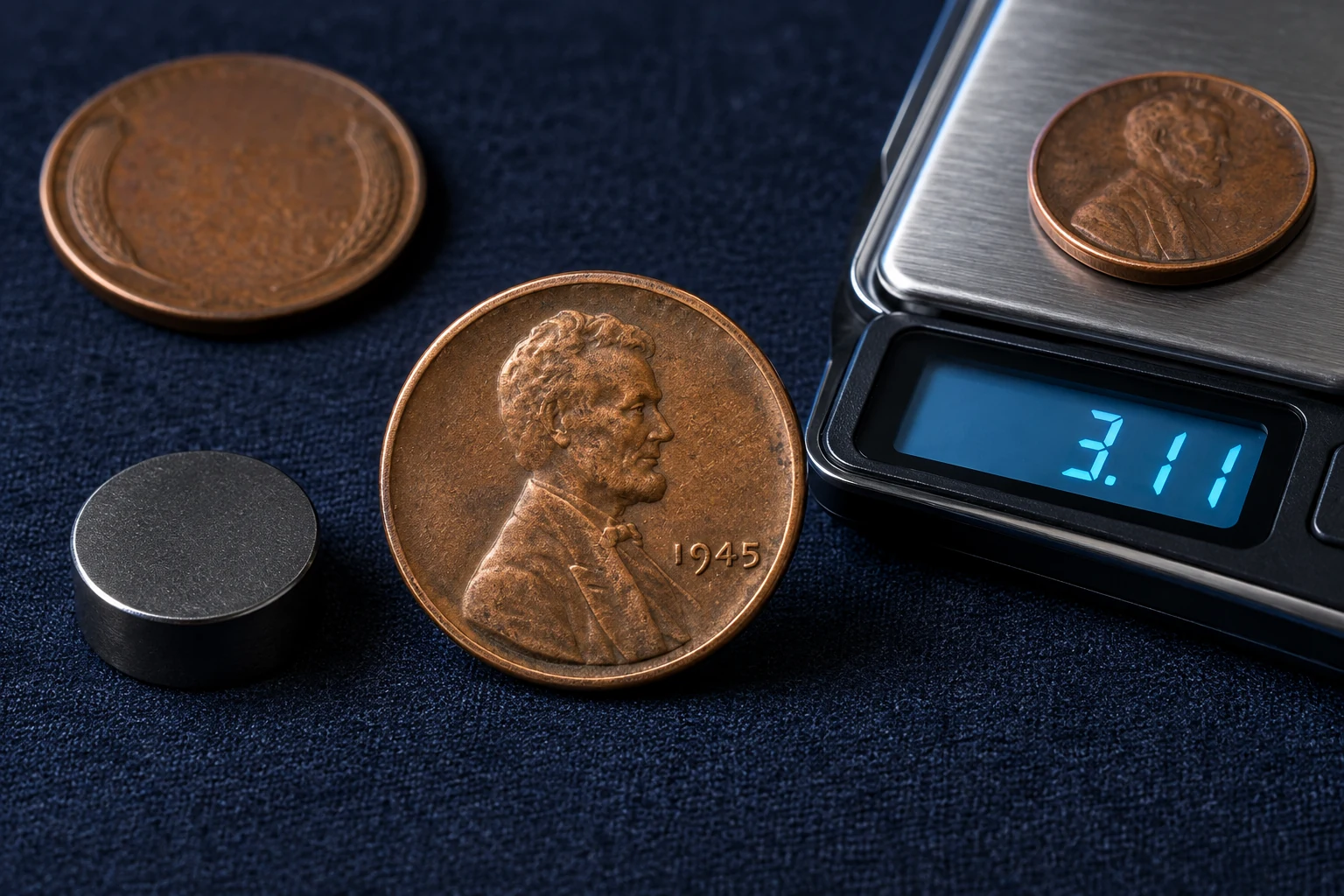1945 Wheat Penny copper composition weight and magnet screening