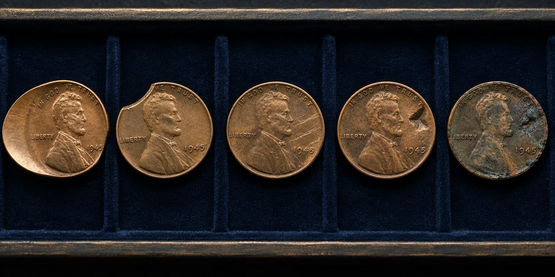 1945 Wheat Penny mint errors compared with post-mint damage