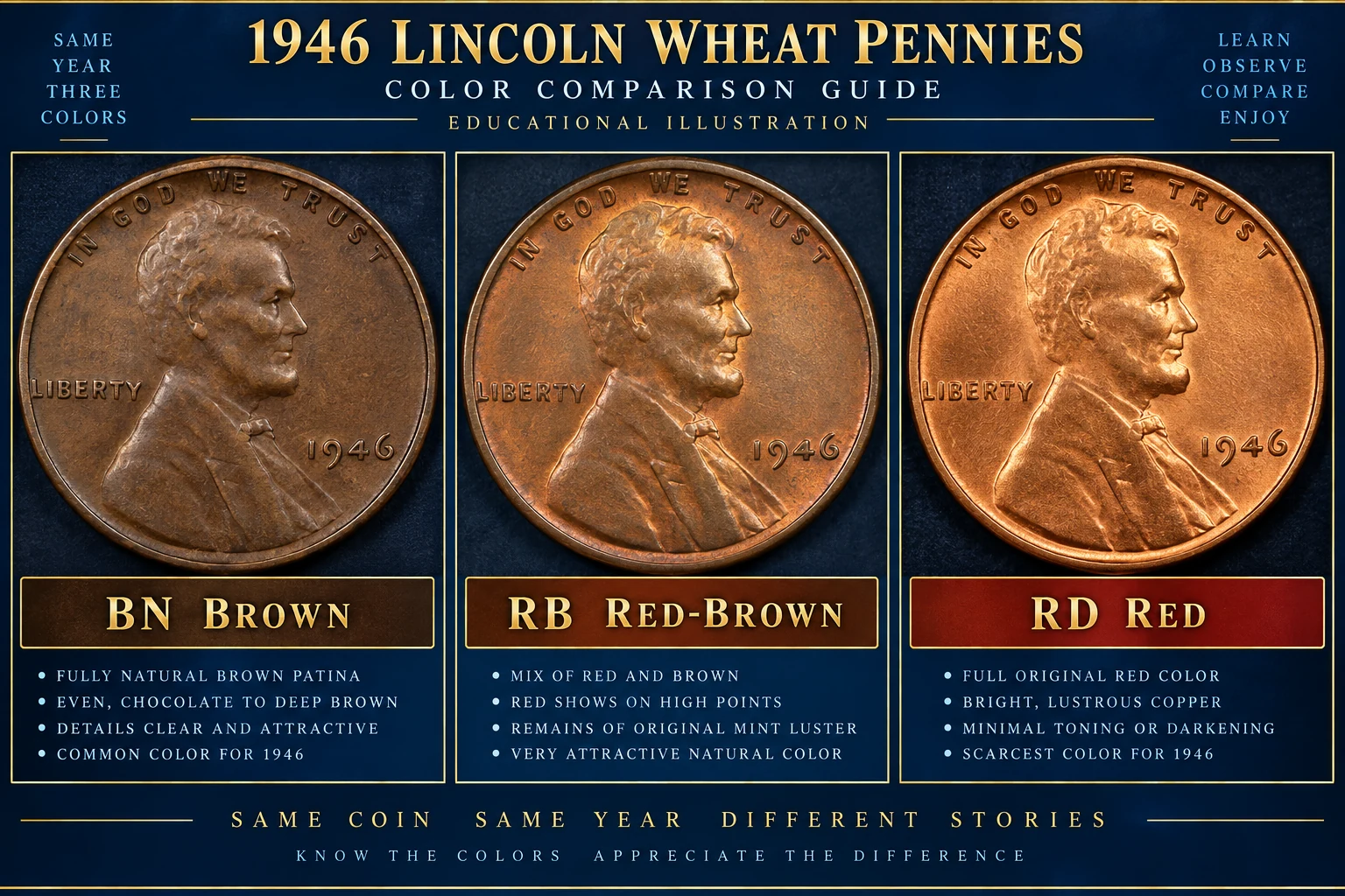 1946 Wheat Penny BN RB and RD color comparison
