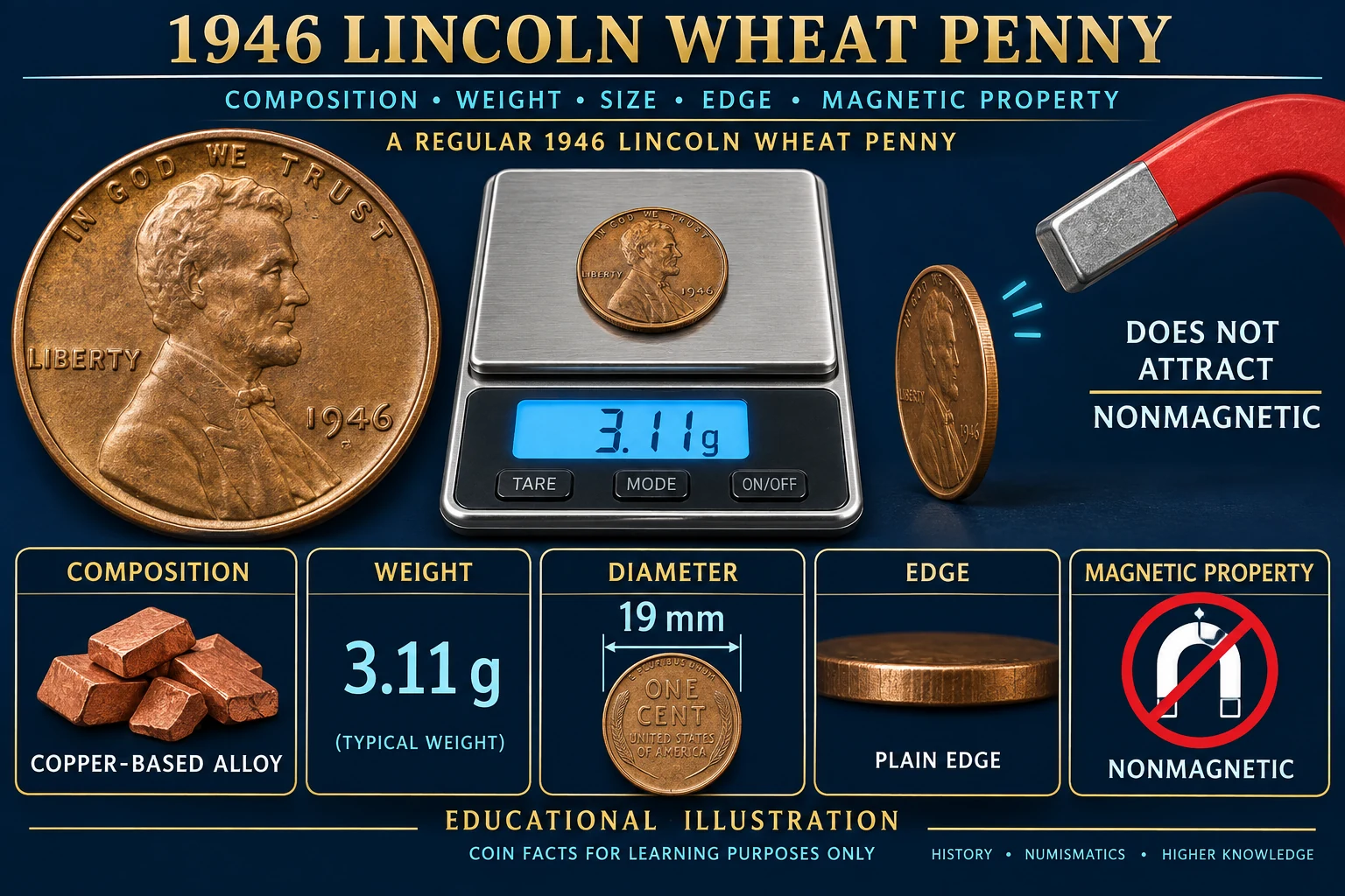 1946 Wheat Penny copper composition weight and magnet screening