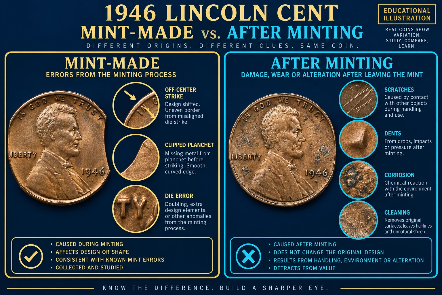 1946 Wheat Penny mint errors compared with post-mint damage